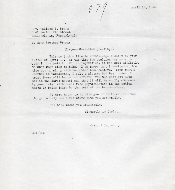 Copy of a letter to Reverend Bragg about his stance on an injuction related to radio broadcasting