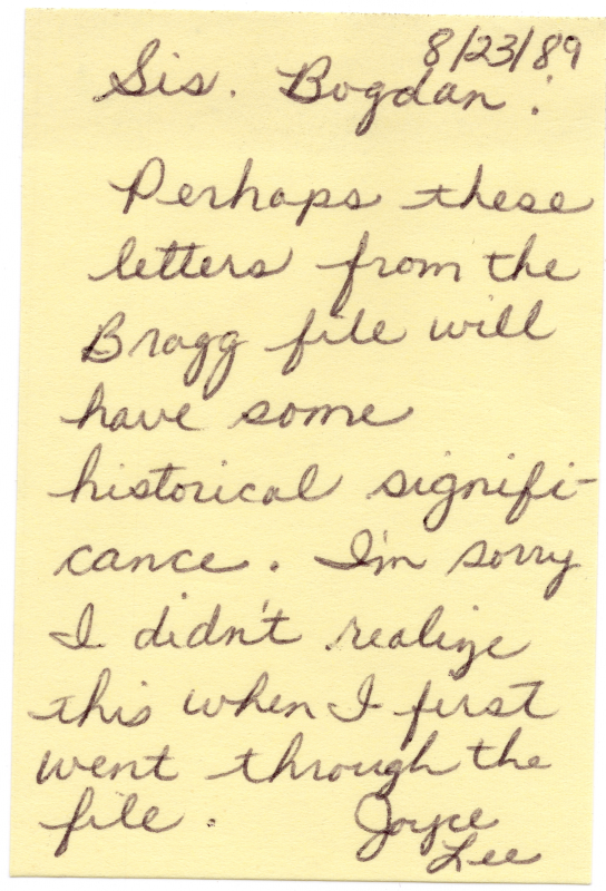 Note from AG Archives about finding information about Reverend Bragg