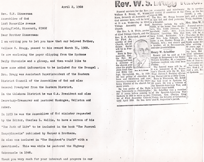 Copy of a letter from the AG about the death of Rev. Bragg including a copy of his death announcement in the Spokane Daily Chronicle