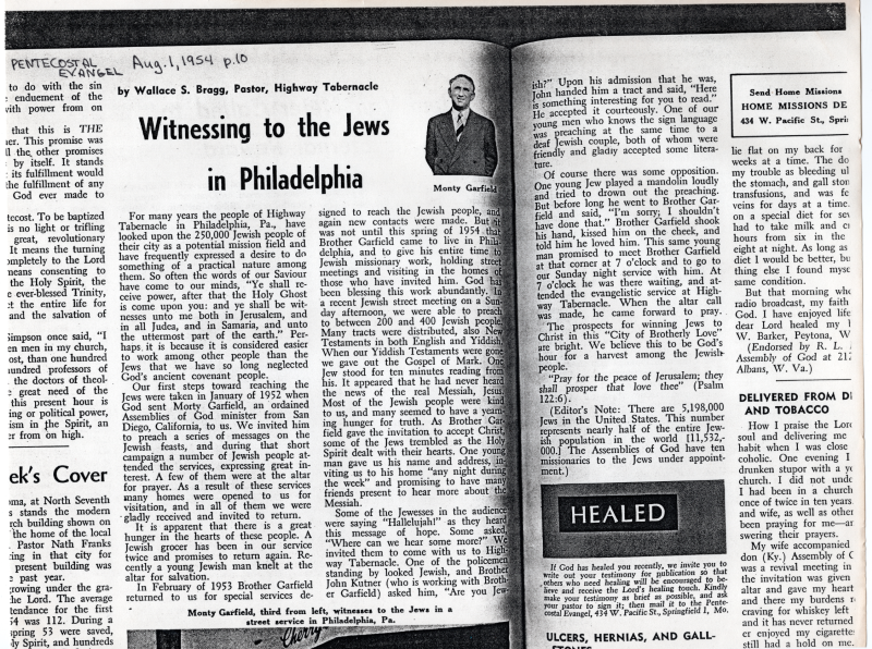 Copy of a magazine article written for Pentecostal Evangel by Rev. Bragg discussing ministering to Jewish people in Philadelphia