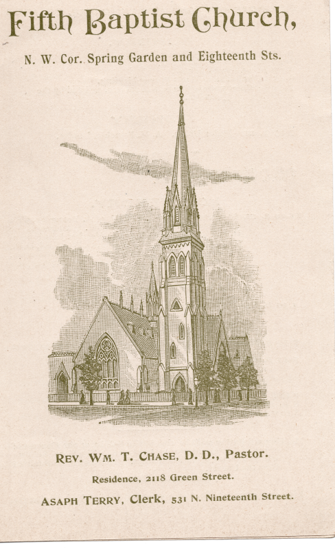 Illustration of the church at 18th and Spring Garden Streets with the name "Fifth Baptist Church" and information about the church's leadership