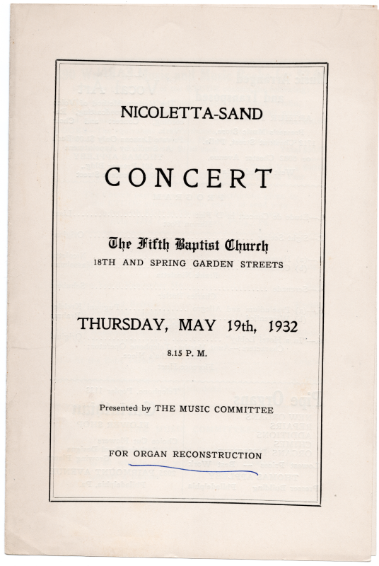 Announcement of the Nicoletta-Sand Concert for organ reconstruction presented by Fifth Baptist's Music Committee