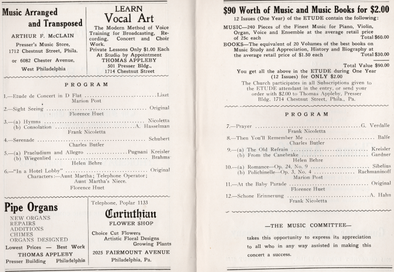 Page two: advertisements for a music store, voice training, pipe organs, and a flower shop. Show program, Page three: Music book sale advertisement, show program continued, "thank you" from the Music Committee