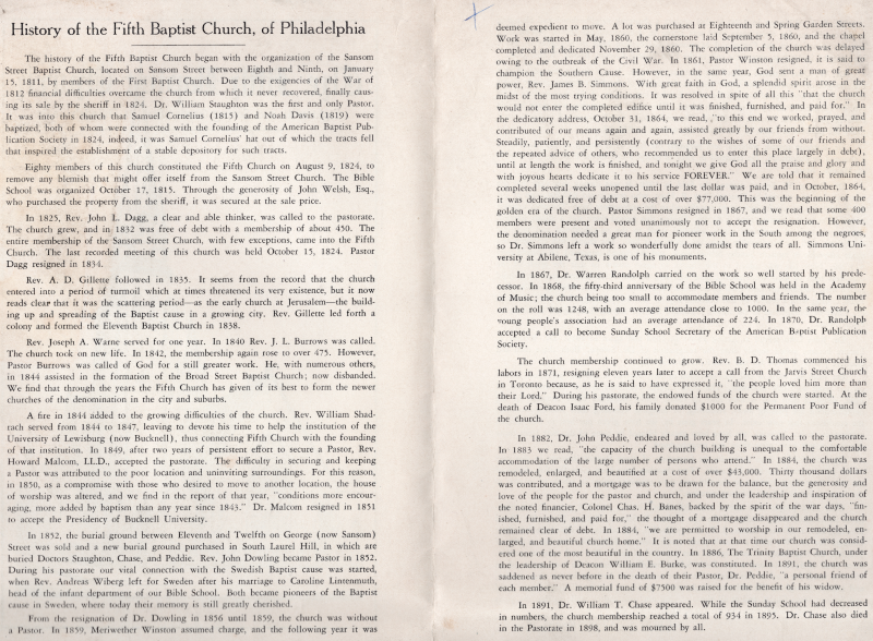Narrative of Fifth Baptist's history