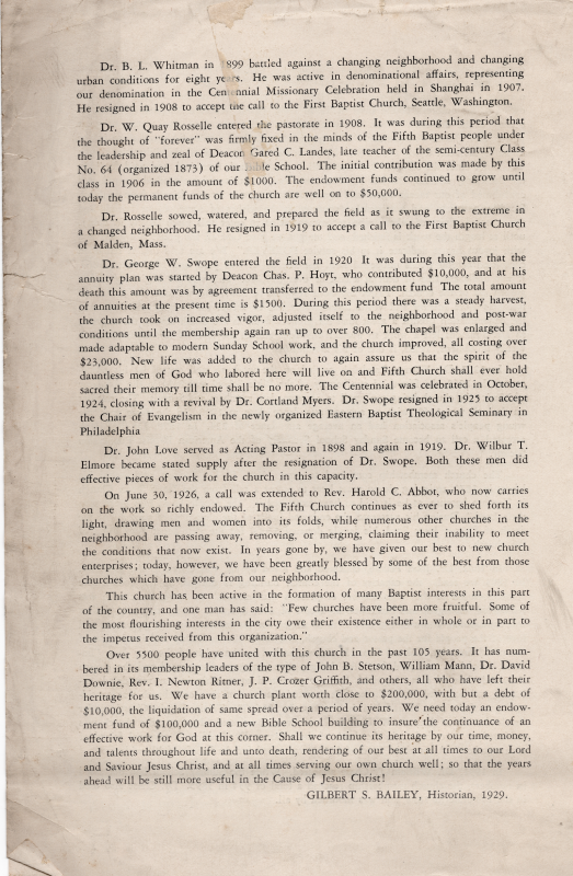 Narrative of Fifth Baptist's history