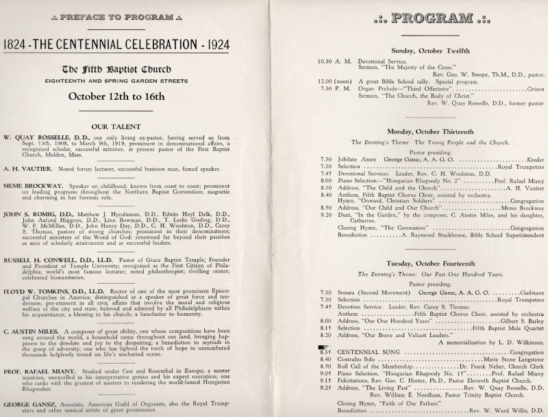 Page two: "Preface to Program" that introduces the "talent" for the church, Page three: program for Sunday Oct. 12, program for Monday Oct. 13 with a theme of "The Young People and the Church," program for Tuesday Oct. 14 with a theme of "Our Past One Hundred Years"