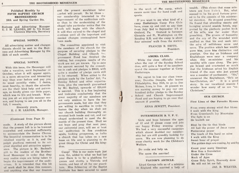Letter from publication manager, letter from president continued, notes about Amoma class and youth fellowship, pastor's article, poem about the church
