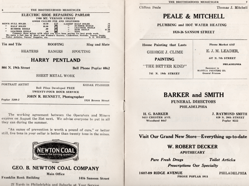 Advertisements for shoe repairs, a handyman, a photographer, coal, plumbing, painting, printers, funeral directors, and an apothecary
