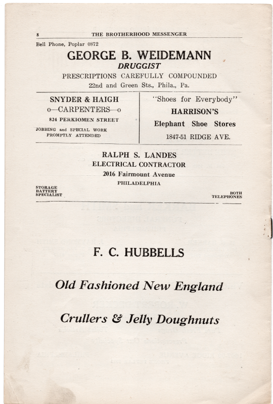 Advertisements for a druggist, carpenters, shoe stores, a contractor, and a doughnut baker