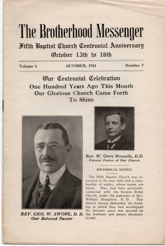Portrait of current pastor, Rev. Swope, and former pastor, Rev. Roselle, with a historical notice