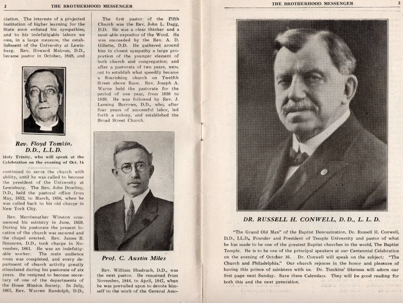 Biographical information about Rev. Tomkin, Prof. Miles, and Dr. Conwell