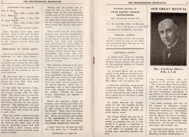 Continuation of pastors list, letter from Clementine Callet, editorial notes, biography of Rev. Myers
