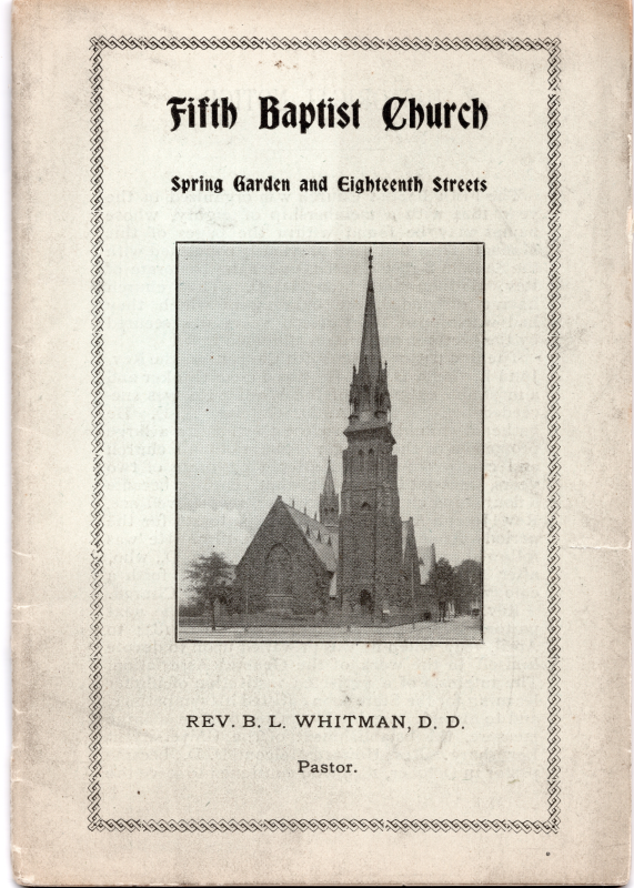 Fifth Baptist church name, church cross streets, image of the church building, Pastor Whitman