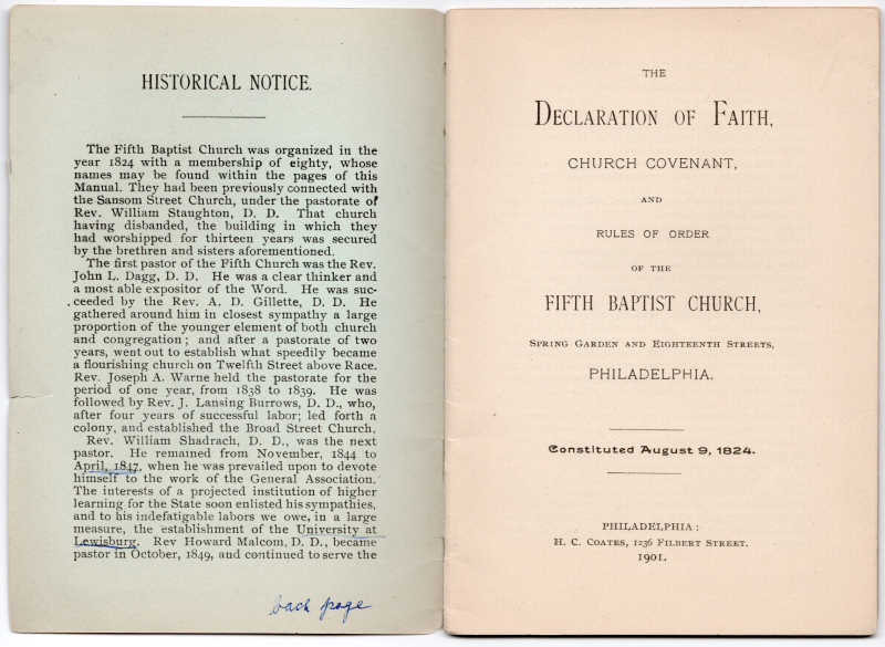 Church historical notice part one; Declaration of Faith, Church Covenant, and Rules of Order