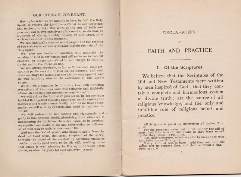 Church covenant; Declaration of Faith and Practice of the scriptures