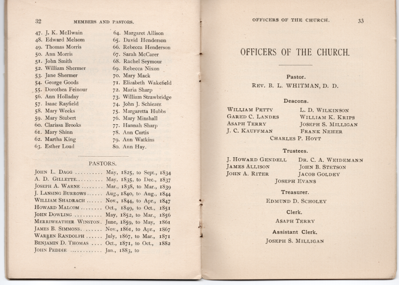 Members and Pastors continued; Officers of the Church