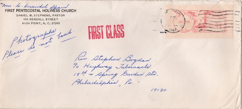 Second envelope containing the letter, first envelope, and photograph of Rev. Williams. The envelope is addressed to Pastor Bogdan in Philadelphia from Mrs. Spain in High Point, NC.
