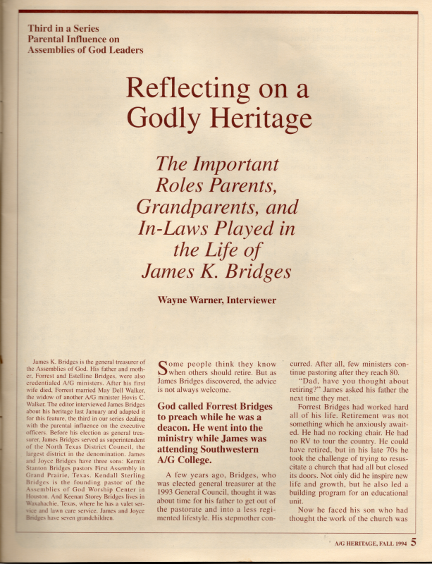 Article: "Reflecting on a Godly Heritage: The Important Roles Parents, Grandparents, and In-Laws Played in the Life of James K. Bridges"