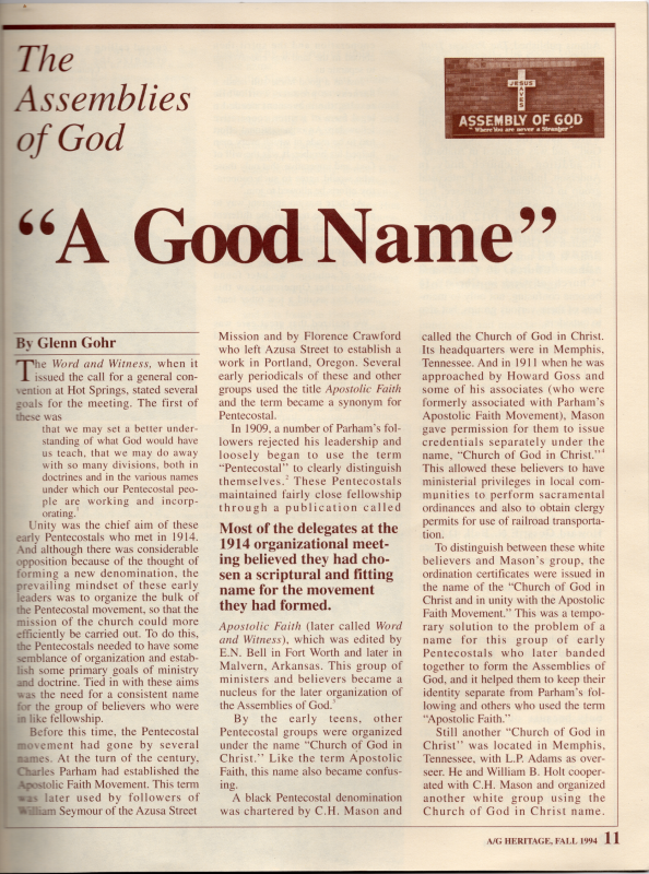 Article: "The Assemblies of God: 'A Good Name'"