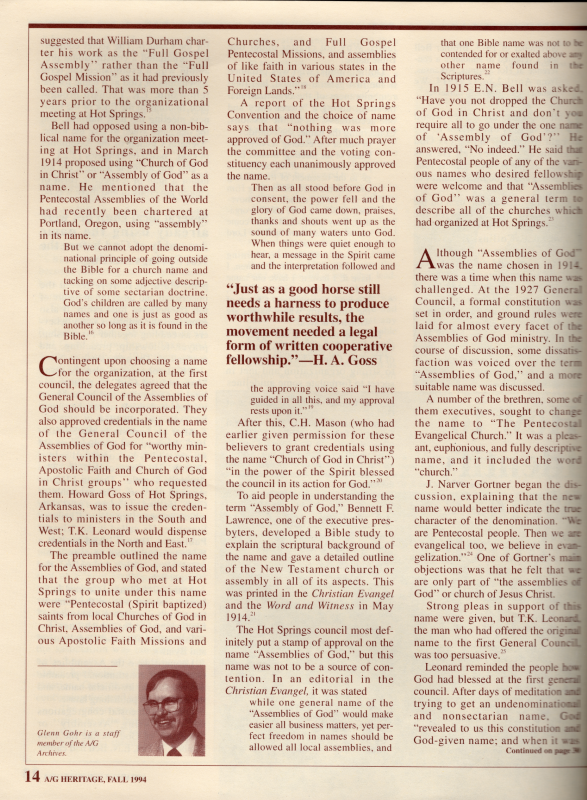 Article: "The Assemblies of God: 'A Good Name'"