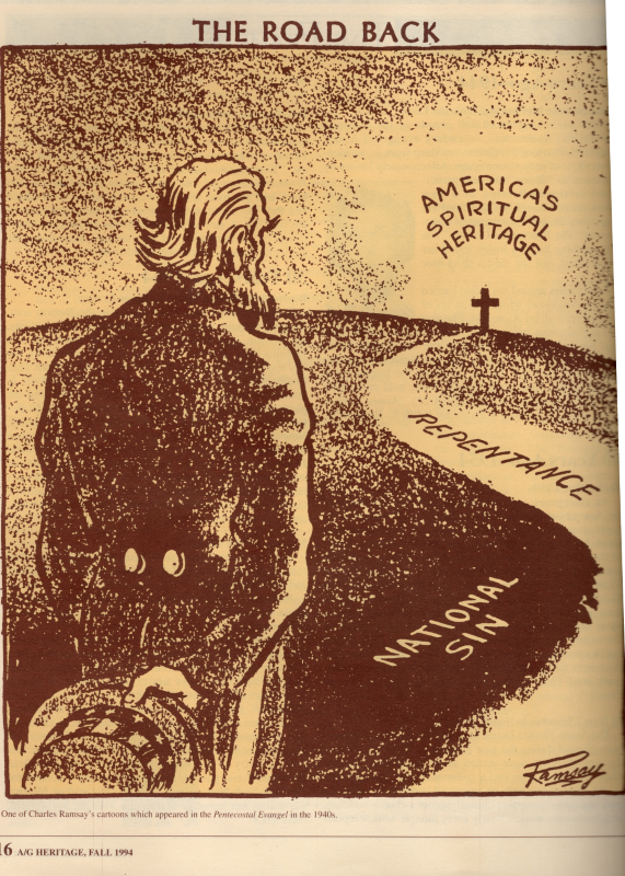Cartoon by Charles Ramsay "The Road Back" originally featured in the Pentecostal Evangel in the 1940s