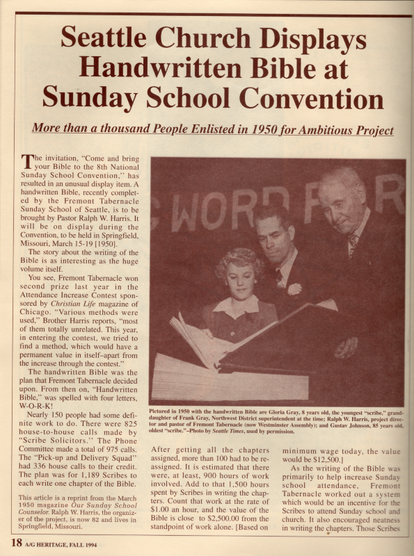 Article: "Seattle Church Displays Handwritten Bible at Sunday School Convention"