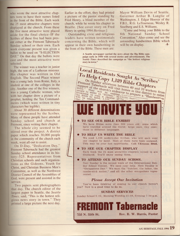 Article: "Seattle Church Displays Handwritten Bible at Sunday School Convention"