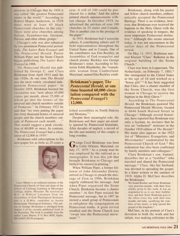 Article: "The Triumphs and Trials of a Pentecostal Publisher: George C. Brinkman"