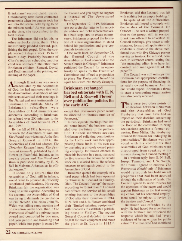 Article: "The Triumphs and Trials of a Pentecostal Publisher: George C. Brinkman"