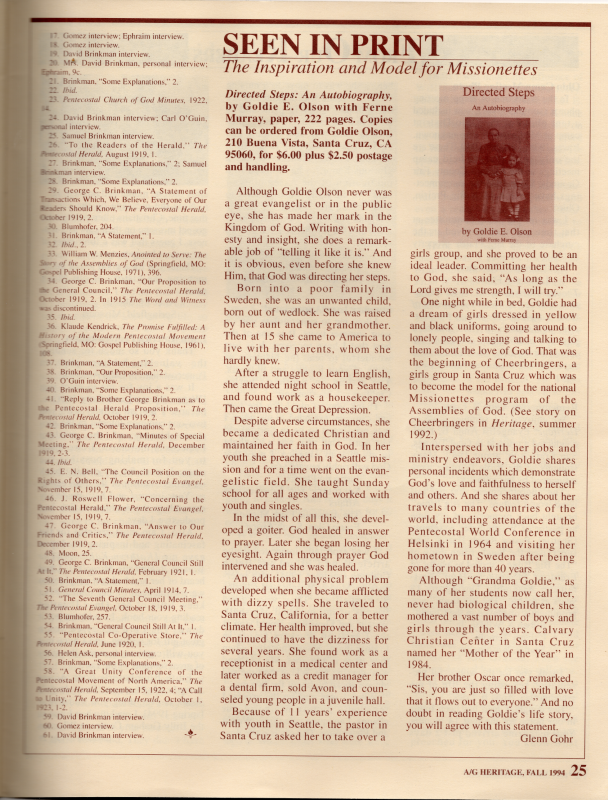 Article: "Seen in Print: The Inspiration and Model for Missionettes" information about Goldie E. Olson's book, "Directed Steps"
