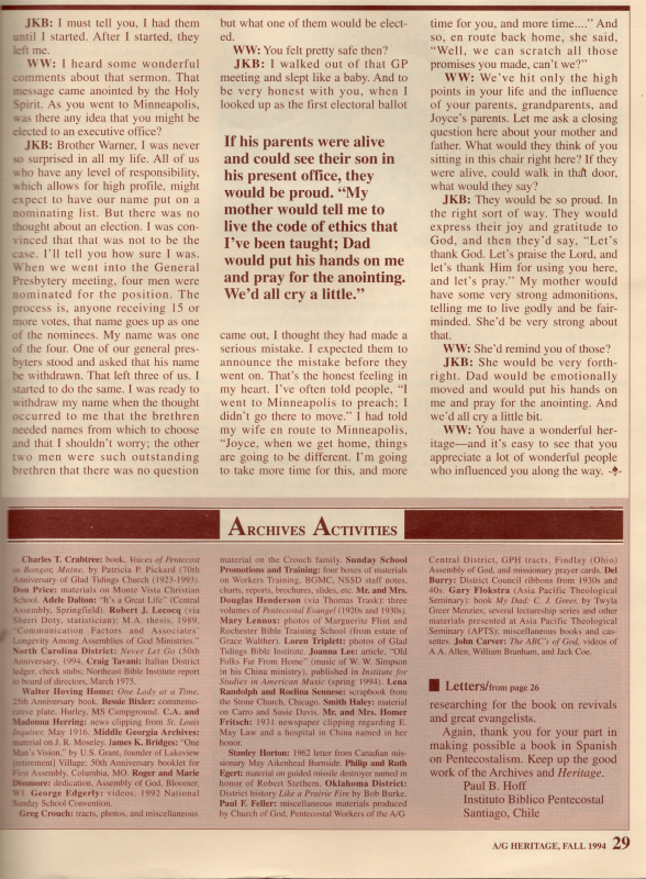 Article: "Reflecting on a Godly Heritage: The Important Roles Parents, Grandparents, and In-Laws Played in the Life of James K. Bridges"; Archive Activities; Continuation of Messages from Readers