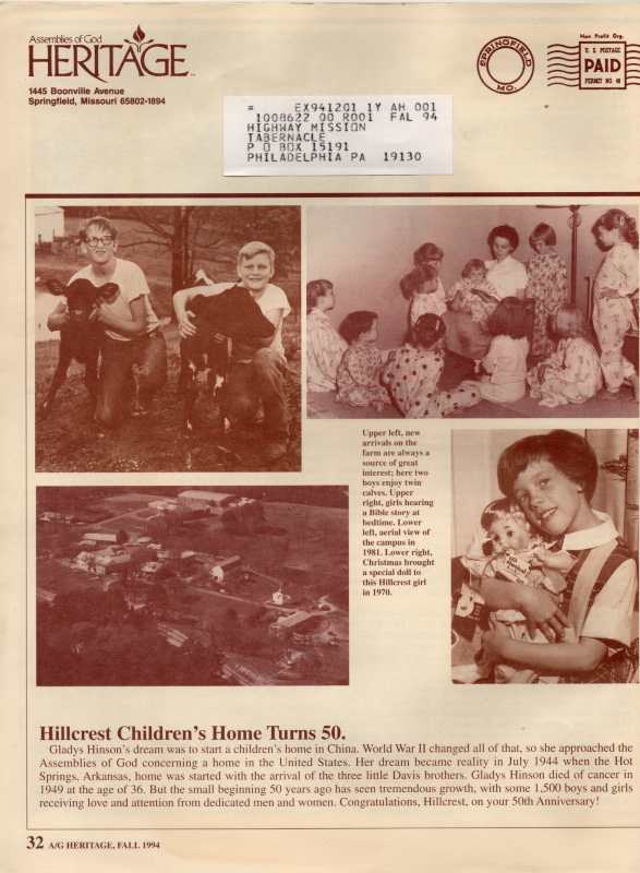 Back cover: photographs of the Hillcrest Children's Home with note, "Hillcrest Children's Home Turns 50."