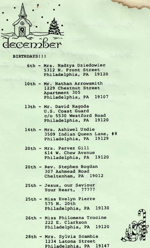 A list of all December birthdays and the addresses of each person with a birthday