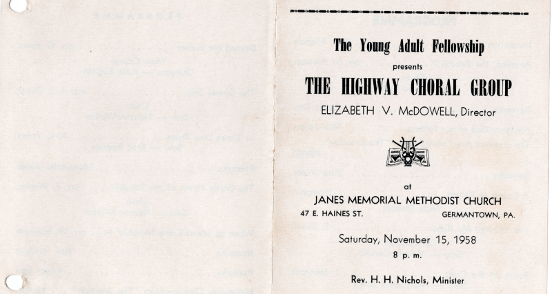 Program from Highway's Choir Performance from the Young Adult Fellowship at James Memorial Methodist Church in Germantown, PA 