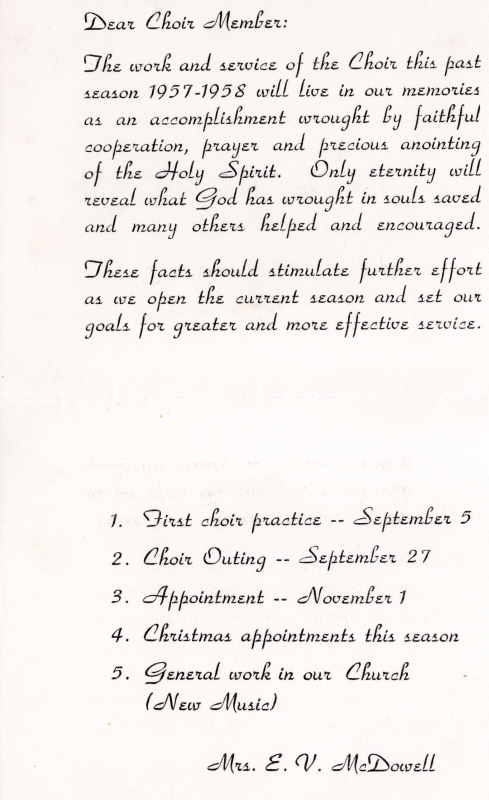 Letter from choir director, Elizabeth McDowell, to each choir member celebrating the end of the 1957-1958 season and sharing upcoming dates for the 1959-1958 choir season