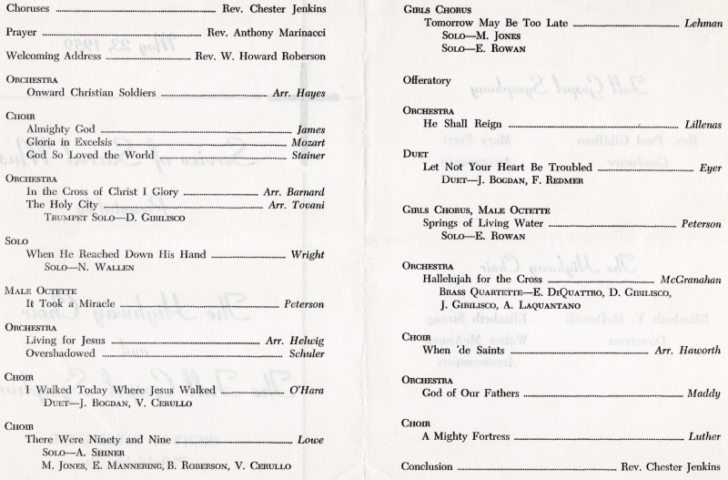 Program for the service featuring the Highway Choir and Full Gospel Symphony at Highway Tabernacle (19th and Green streets)