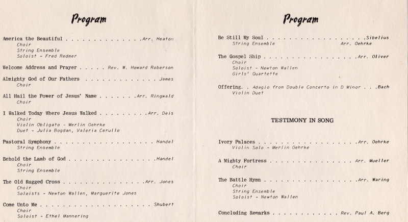 Program for the Service of Sacred Music with the Highway Choir and a guest string ensemble
