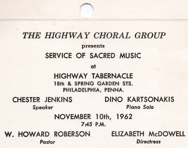 Ticket to attend the Service featuring the Highway Choir, a speech from Chester Jenkins, and a piano solo from Dino Kartsonakis