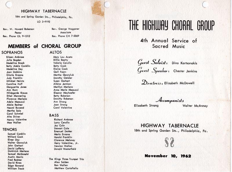 Program for the Service at Highway Tabernacle (18th and Spring Garden streets) listing each performance, and the members of the choir
