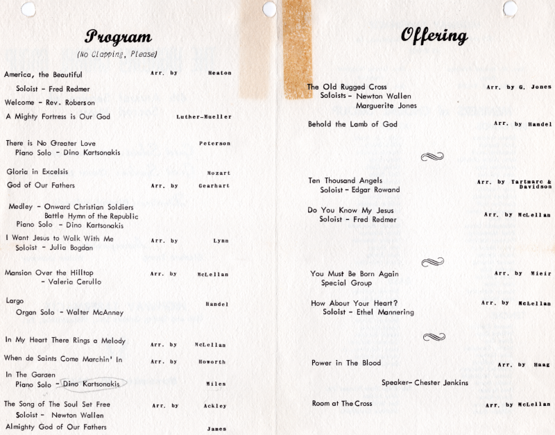 Program for the Service at Highway Tabernacle (18th and Spring Garden streets) listing each performance, and the members of the choir