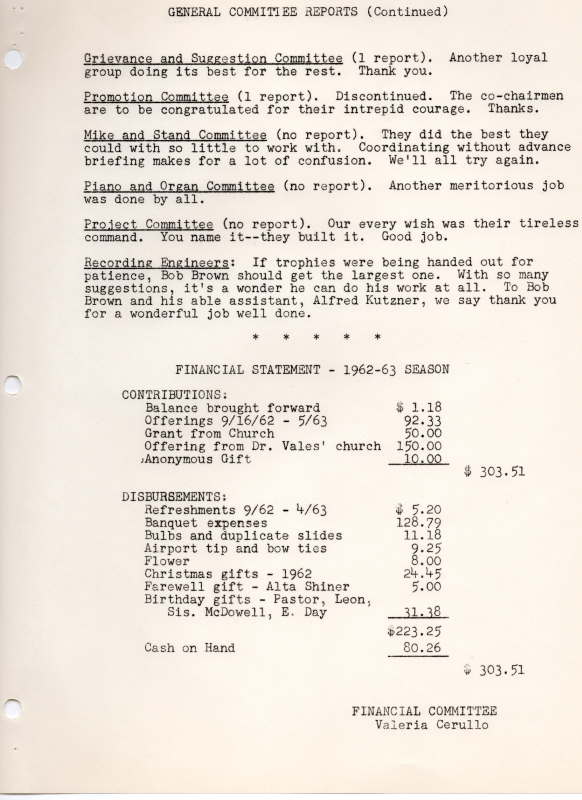 General Committee Reports continued; Financial Statement