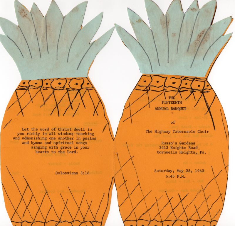 Cover page with event title, event address, and event date; Back cover with Colossians 3:16