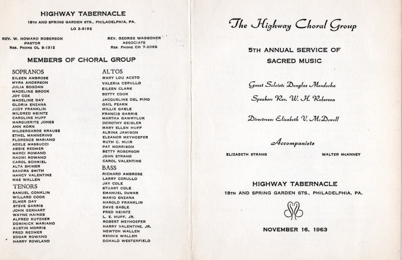 Front cover: Announcement of the Service, announcemnet of soloists, speakers, directress, accompanists, church location (18th and Spring Garden streets), and event date; Back cover: Church leadership and contact information, members of the choir