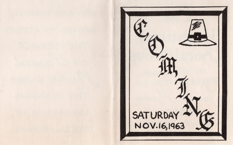 Cover: Title, "coming," with an illustration of a pilgrim hat, and the event date