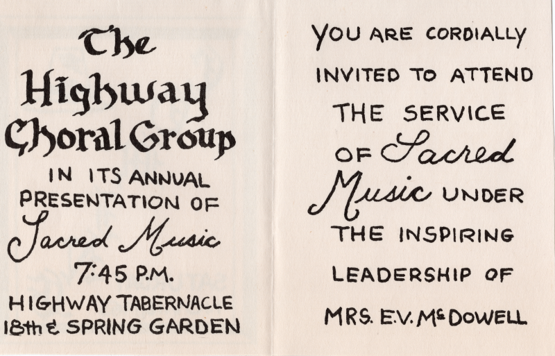 Page two: "The Highway Choral Group in its Annual Presentation of Sacred Music 7:45 P.M. Highway Tabernacle 18th & Spring Garden"; Page three: "You are cordially invited to attend the Service of Sacred Music under the inspiring leadership of Mrs. E. V. McDowell"