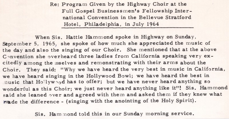 Message shared from Sister Hattie Hammond celebrating a performance of the Highway Choir