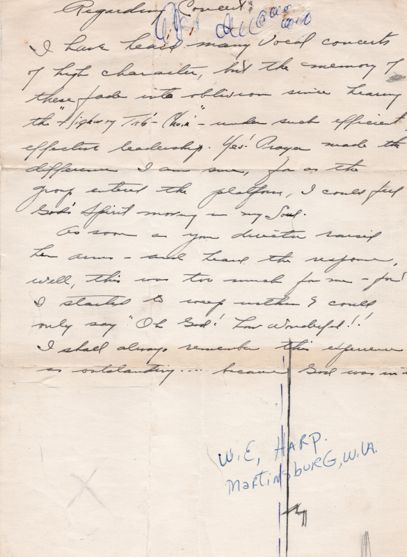 Letter complimenting the quality of Highway's choir from W. E. Harp of Martinsburg, WV