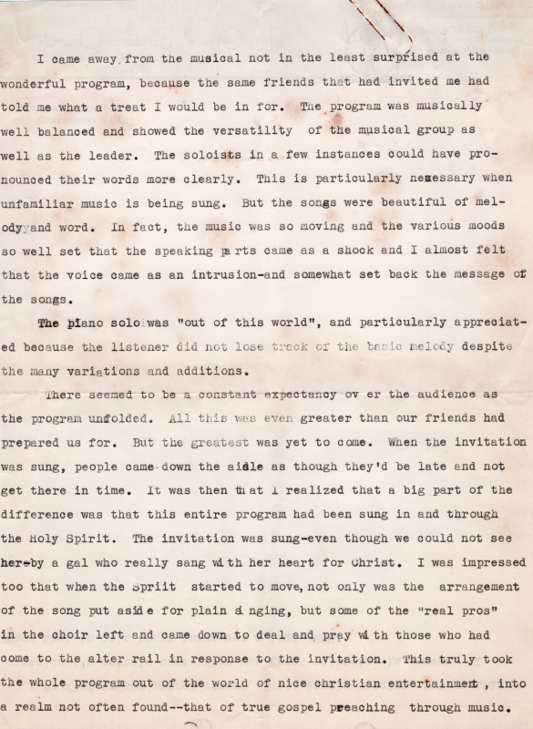 Letter complimenting the quality of Highway's choir from The Grace Baptist Church in Ambler, Pennsylvania. The letter is potentially written by the pastor, Burton C. Murdock, based on the letterhead.