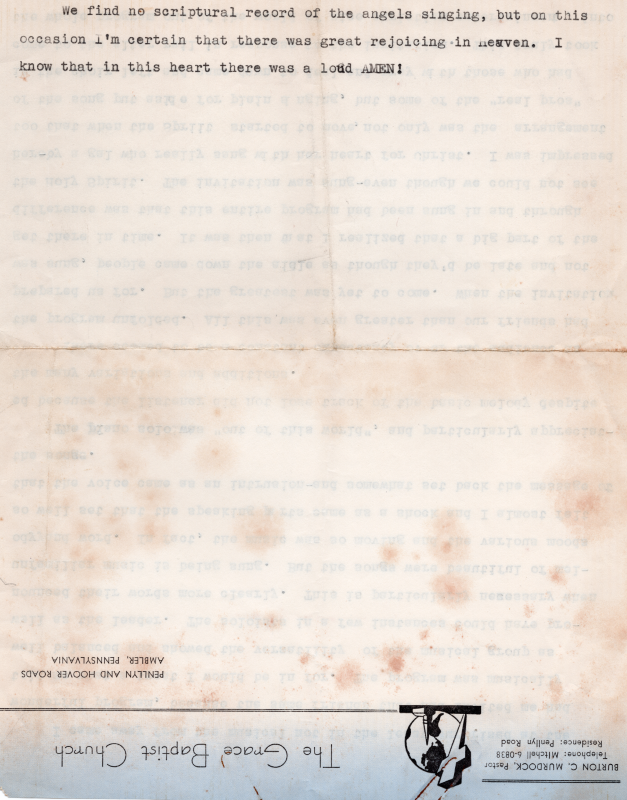 Letter complimenting the quality of Highway's choir from The Grace Baptist Church in Ambler, Pennsylvania. The letter is potentially written by the pastor, Burton C. Murdock, based on the letterhead.