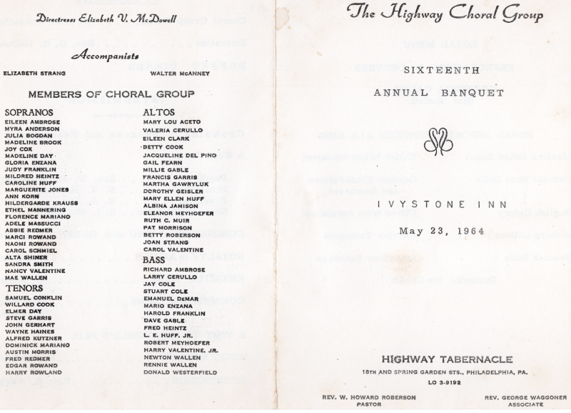 Front cover: Banquet title, location, date, and church information; Back cover: Members of the choir and their roles